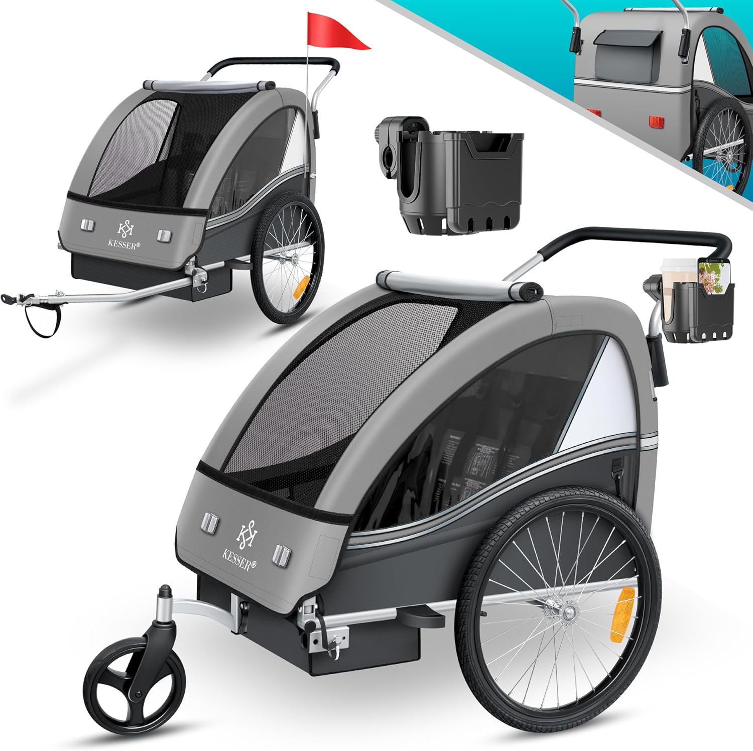 KESSER® Remorque pour Enfants Remorque de vélo Sport-RX 2en1 Fonction de Running Remorque de vélo pour Enfants + Ceinture de sécurité 5 Points 360°- Roue Avant Jogger Poussette Vélo