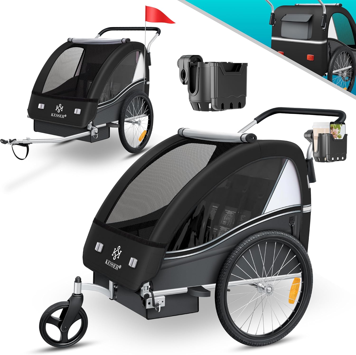 KESSER® Remorque pour Enfants Remorque de vélo Sport-RX 2en1 Fonction de Running Remorque de vélo pour Enfants + Ceinture de sécurité 5 Points 360°- Roue Avant Jogger Poussette Vélo