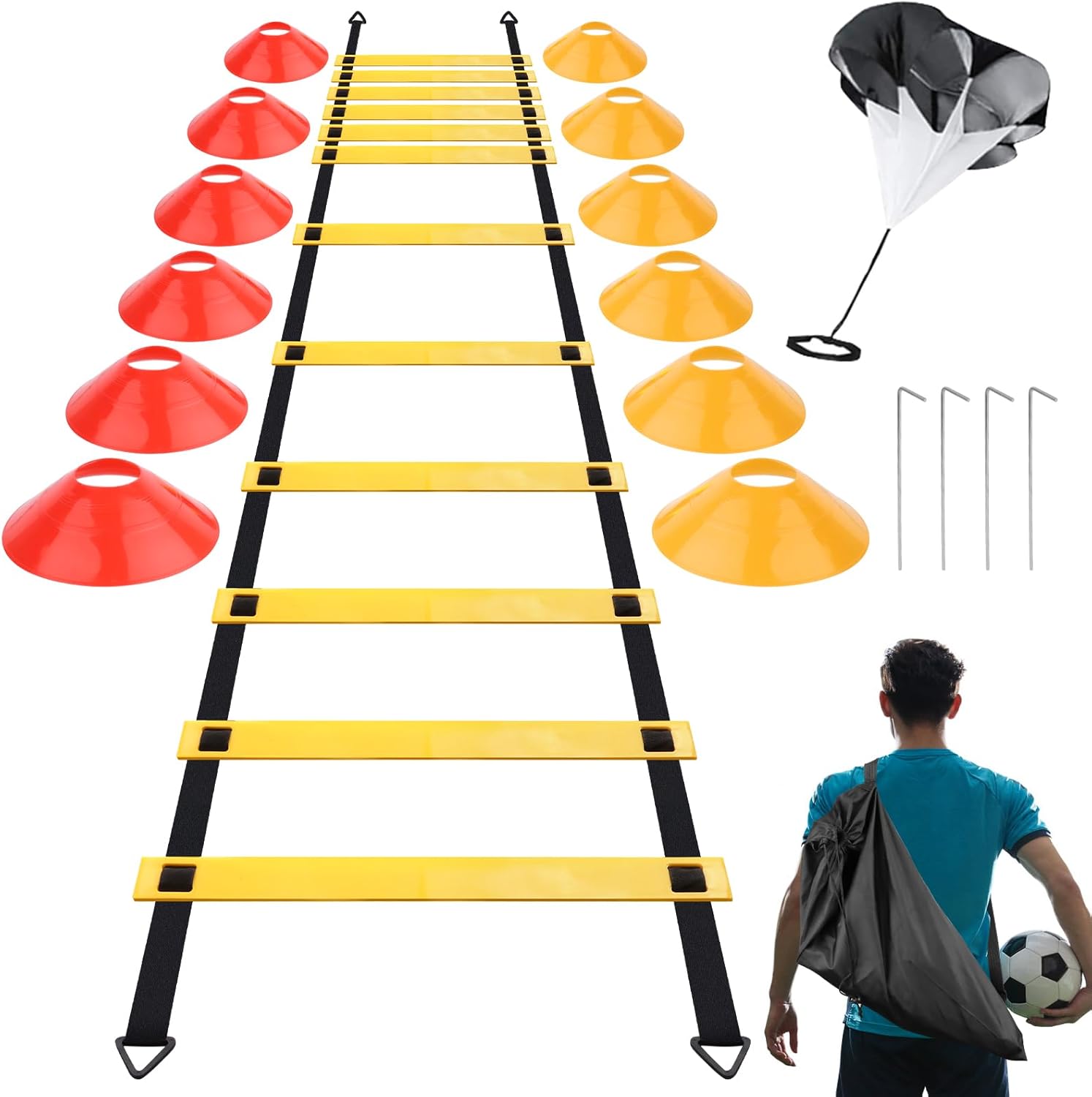 TNOMSNO Accessoires D'entraînement de Football, Entrainement Football Équipement D'entraînement de Football avec Échelle D'Agilité, 12 Cônes, Parapluie de Résistance et Sac de Rangement
