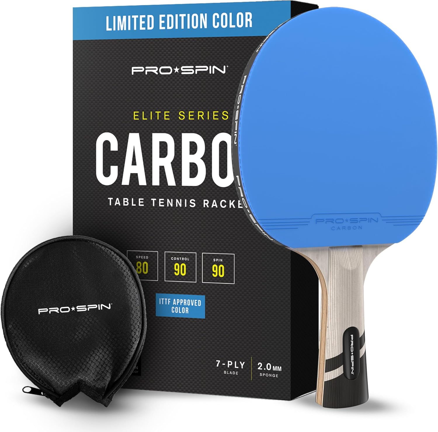 Raquette de Ping Pong Haut de Gamme en Fibre de Carbone - Couleurs en Édition Limitée, Lame 7 épaisseurs série Elite, Caoutchouc qualité supérieure, éponge 2,0 mm, avec étui de Protection