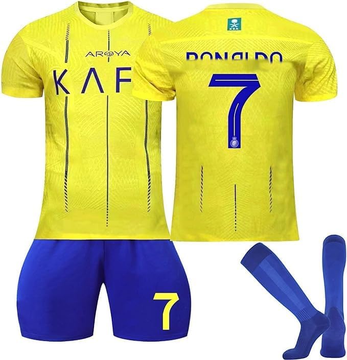 Maillot de Foot Enfant et Adultes 2025, Al Nassr FC Maillot Foot Nouveaux Maillots #7 Home/Away Soccer Jersey, Ensemble Football Homme Garçon Vêtement Set Sport Tshirt Shorts Chaussette Genouillère