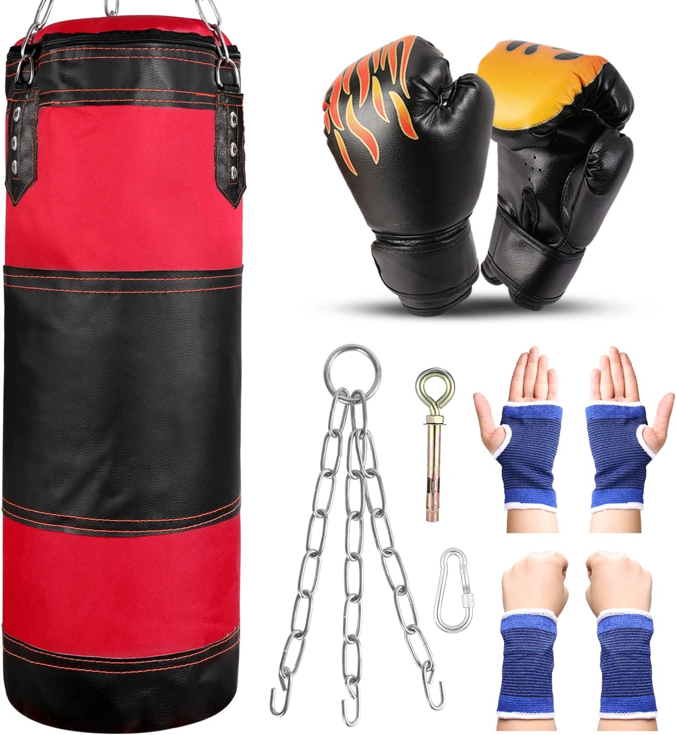 Sac de Frappe Professionnel avec Gants de Boxe 6OZ, Protège-Poignet, Chaînes et Suspension Support Plafond, Sac Boxe sans Sables Rempli Lourd MMA Muay Thai Kickboxing pour Enfants Adolescents
