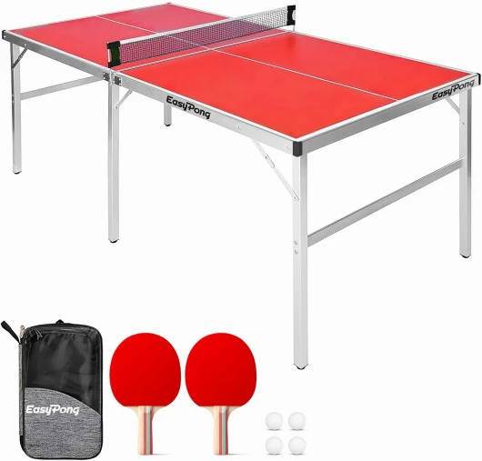 EasyPong® - Table de Ping Pong Rouge - 182x91cm - Qualité Premium - Facile à Transporter - Stable - Idéale pour Extérieur & Intérieur - 2 Raquettes + 4 Balles - Table Tennis - 100% Fun - OriginalCup®