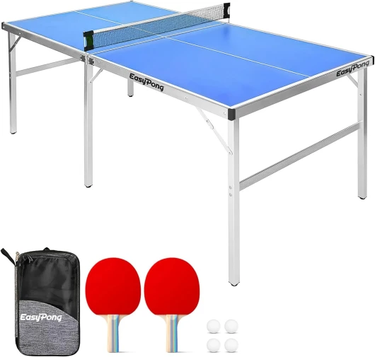 EasyPong® - Table de Ping Pong Bleu - 182x91cm - Qualité Premium - Facile à Transporter - Stable - Idéale pour Extérieur & Intérieur - 2 Raquettes + 4 Balles - Table Tennis - 100% Fun - OriginalCup®