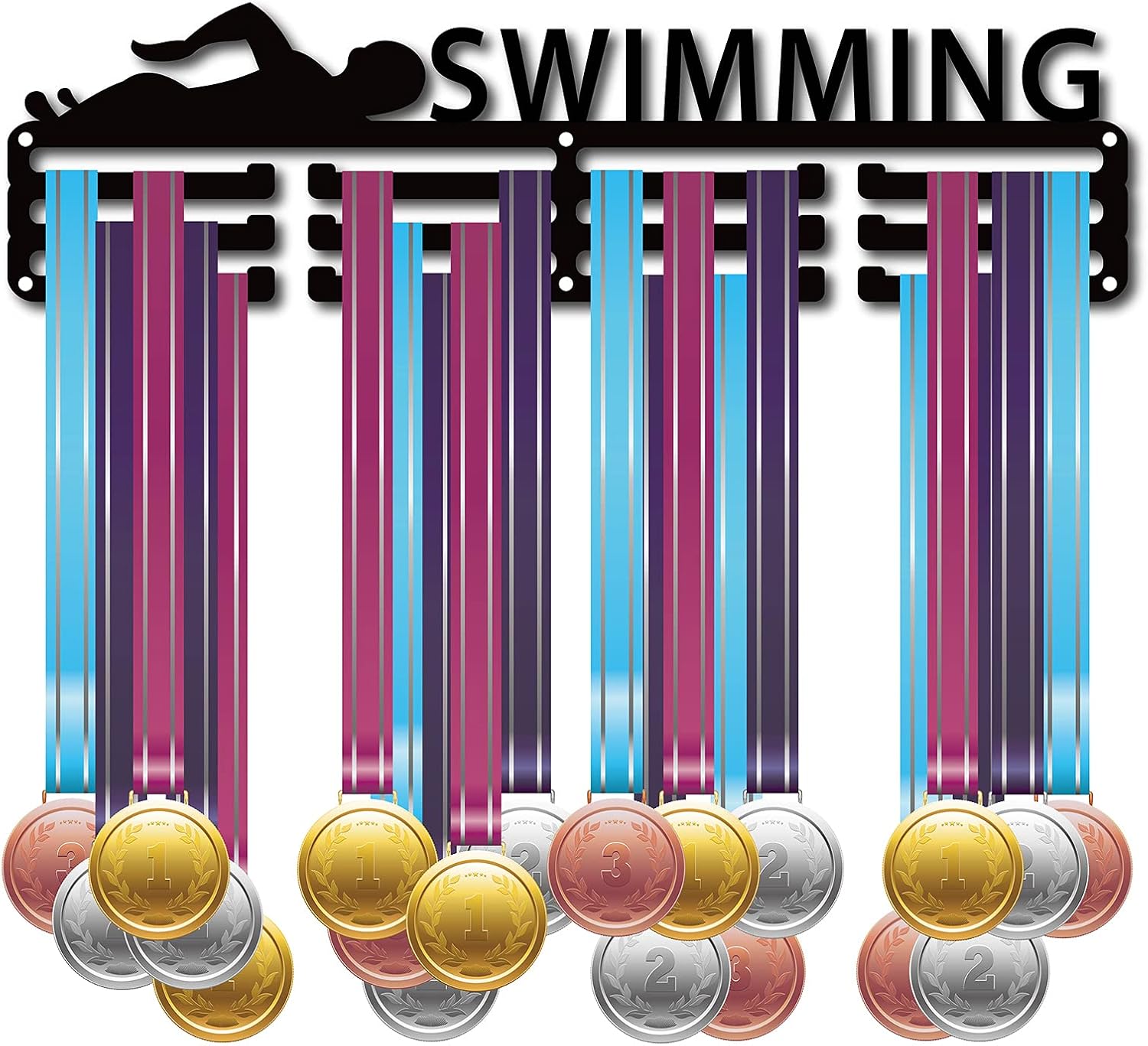 Swimming Porte-Médailles de Nageur Médailles Présentoir Support Mural Cintre Décor Porte-Médailles pour Coureurs Stockage de Badges Maison 3 échelon Médaillé sur 60 médailles