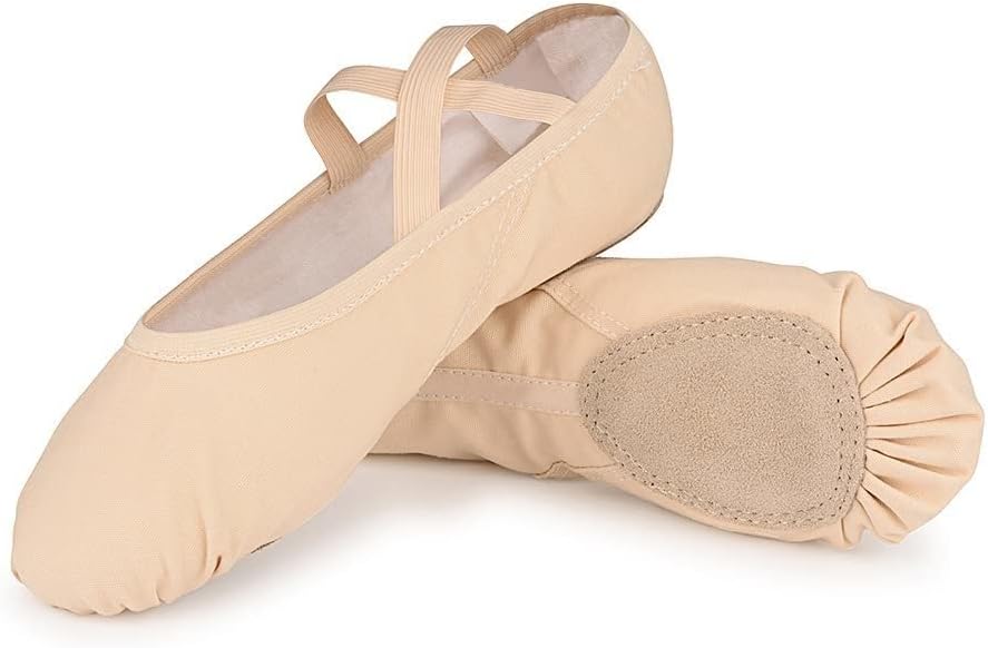 Chaussures de Danse Fille Semelle Scindée Demi Pointe Danse Classique Canvas Chausson Ballet Fille Femme Noir Rose Beige 25 EU Beige