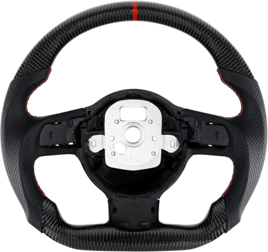 Volant en fibre de carbone en forme de D avec fond plat et coutures rouges, volant en cuir perforé personnalisé pour Audi TT TTRS R8 2007-2015