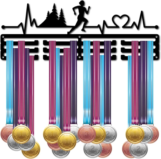 Porte-Médaille Course à Pied avec Support Médaille Sport sur 60+ médailles Récompense Support Fer Cadre Mural à Suspendre pour Médaillé Coureur Gymnastique Marathon Athlète Cadeau 40x15cm