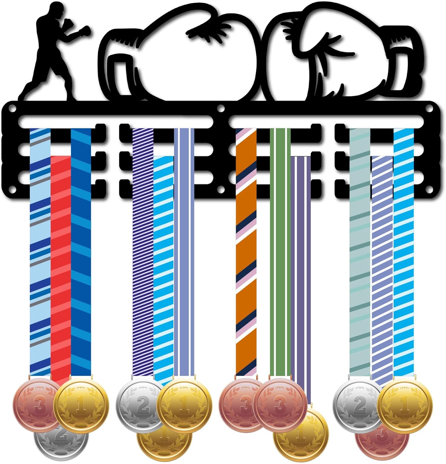 Porte Médailles Boxe Support Mural pour Médailles Sport Cadre Fer Décoration Rangement 3 ligne Crochets pour Athlètes Gagnants Compétitions 60+ médailles Rubans Présentoir Suspendre 29x13cm
