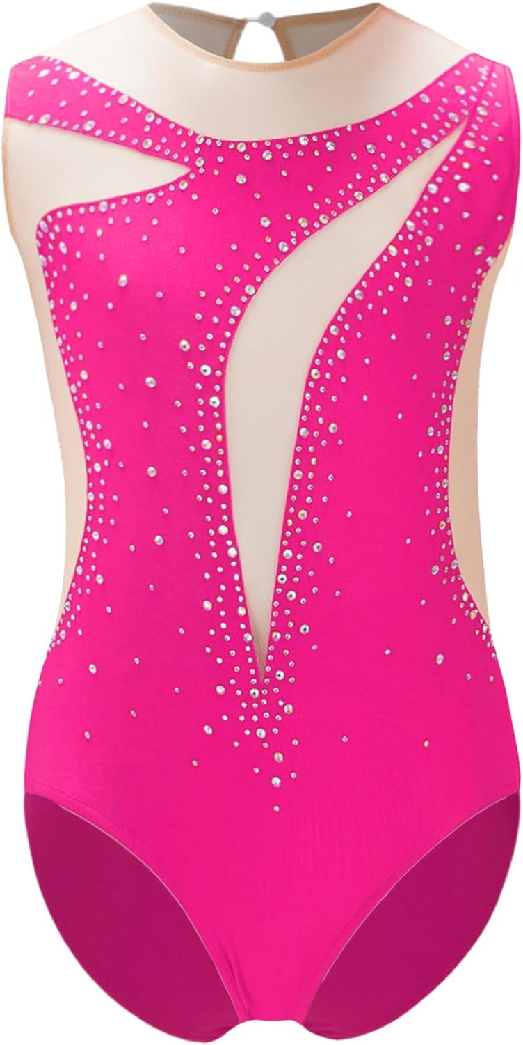 Enfant Fille Justaucorps Gymnastique Strass sans Manches Bodysuit Danse Classique Ballet Leotard Tenue Patinage Artistique A Rose vif 11-12 ans