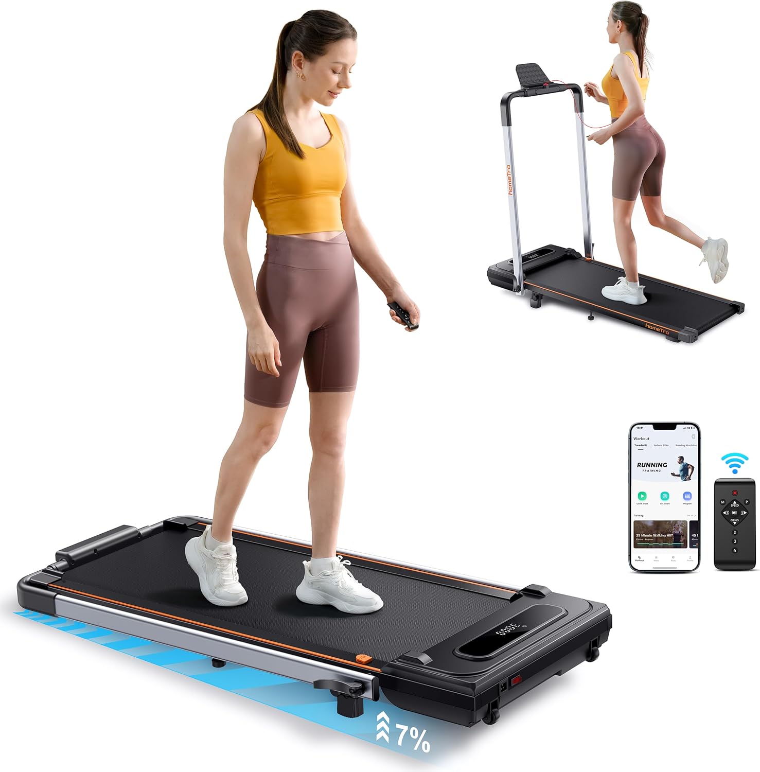 HomeTro Tapis de Marche Électrique Pliable, Inclinable - 2,25HP Walking Pad Pliable pour Maison et Bureau - Tapis de Course avec Écran LED, Deck Amortissant - Treadmill Futuriste et Compact