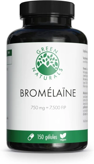 Bromélaïne - Haute dose: 750 mg (7.500 F.I.P.) - 150 gélules - 5 mois d'approvisionnement - Gélules gastro-résistantes - Extrait naturel d'ananas - Green Naturals®