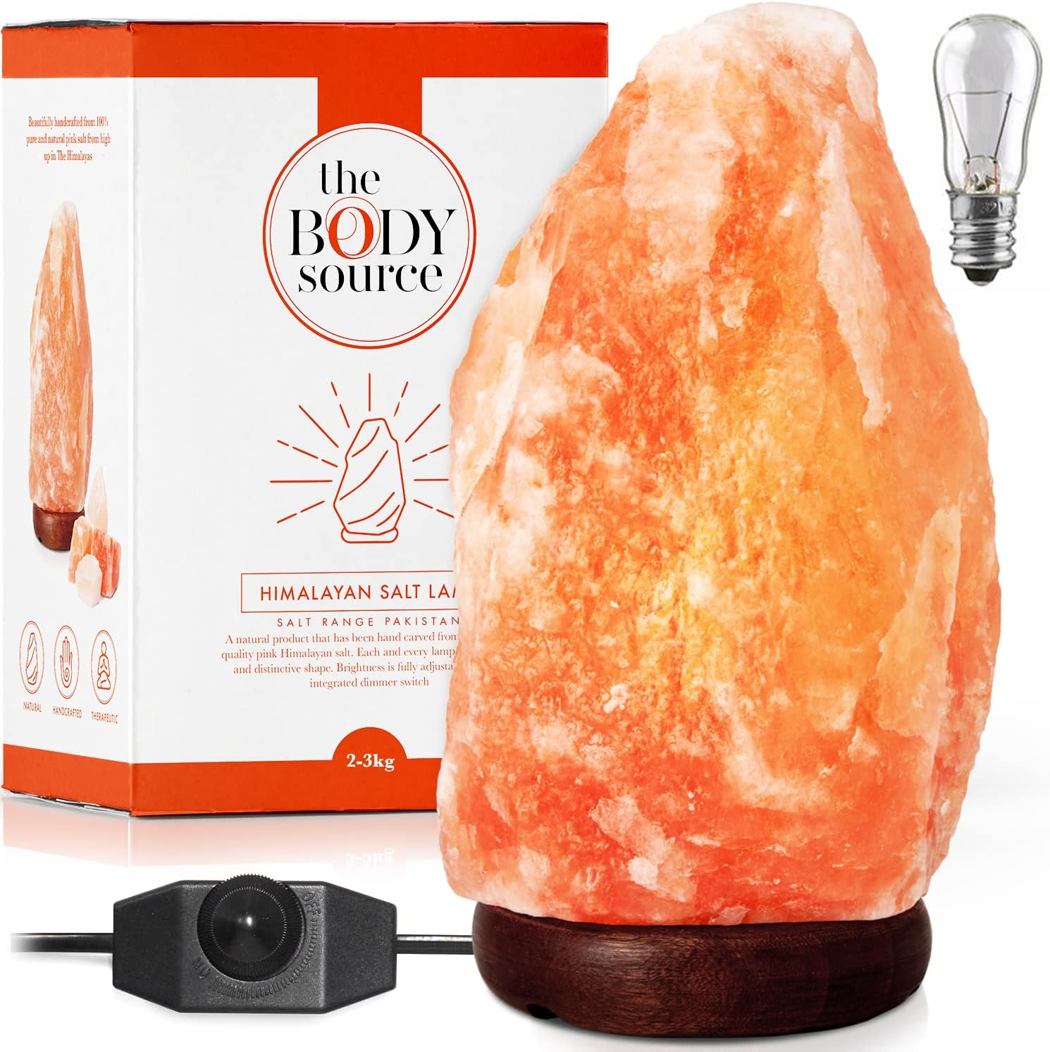 Lampe en Cristal de Sel de l'Himalaya Bouton de réglages d’intensité - Entièrement Naturelle - Fabriquée à la Main avec Base en Bois - 2-3kg