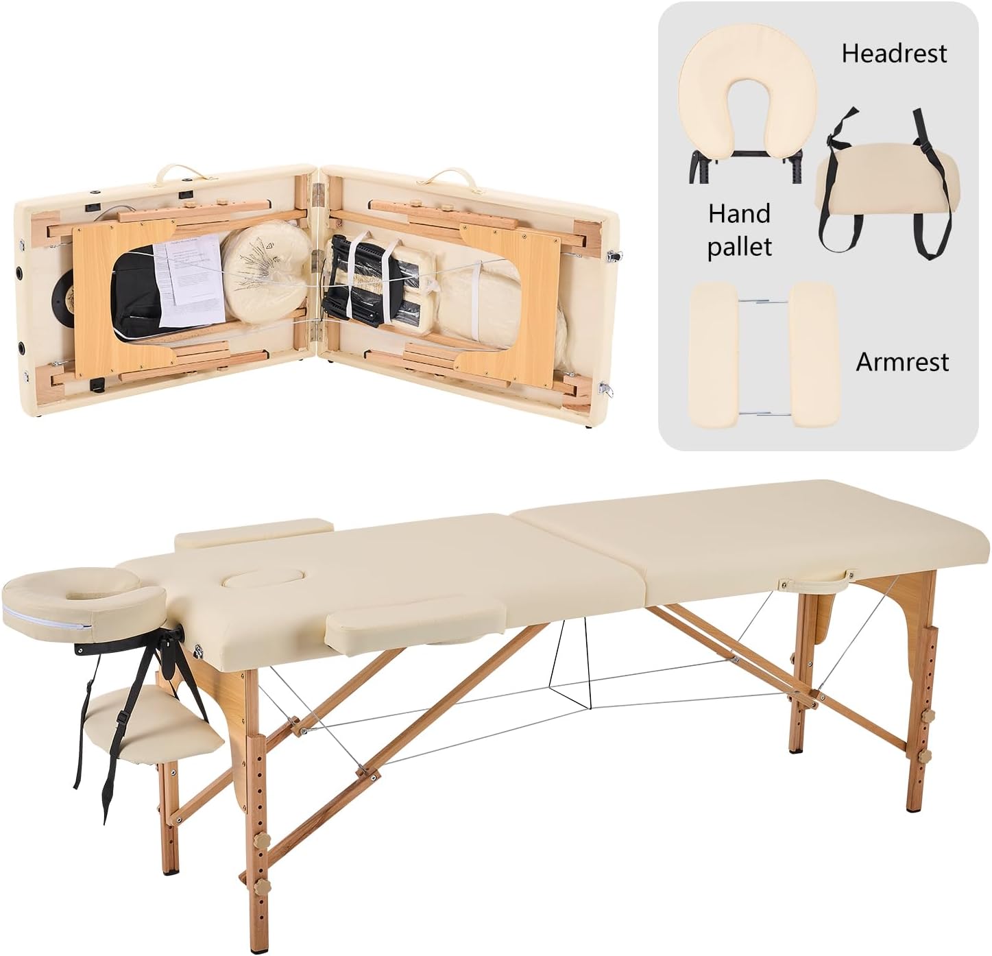 Table de Massage Pliante Professionnelle 60 cm Largeur Esthetique Professionnel Bois Table de Soin Tatouage Lit de Accoudoir Massage Table Cils Extension Portable 2 Sections Beige