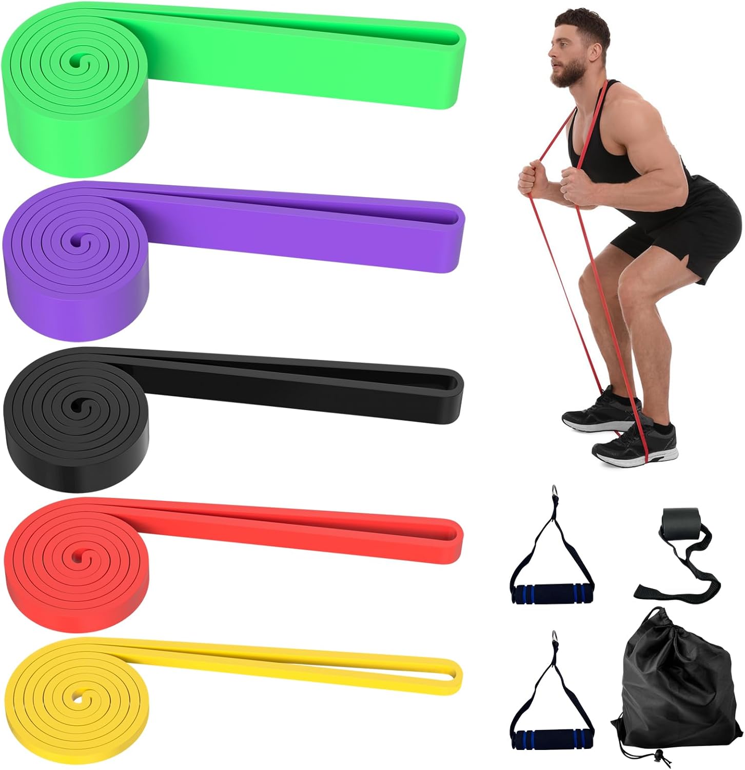 5 Tailles Bandes Élastique Musculation, Bande de Resistance Traction Latex, Elastiques de Fitness avec Poignées Ancrage de Porte et Sac de Transport, pour Fitness, Yoga, d'Étirement, Pilate