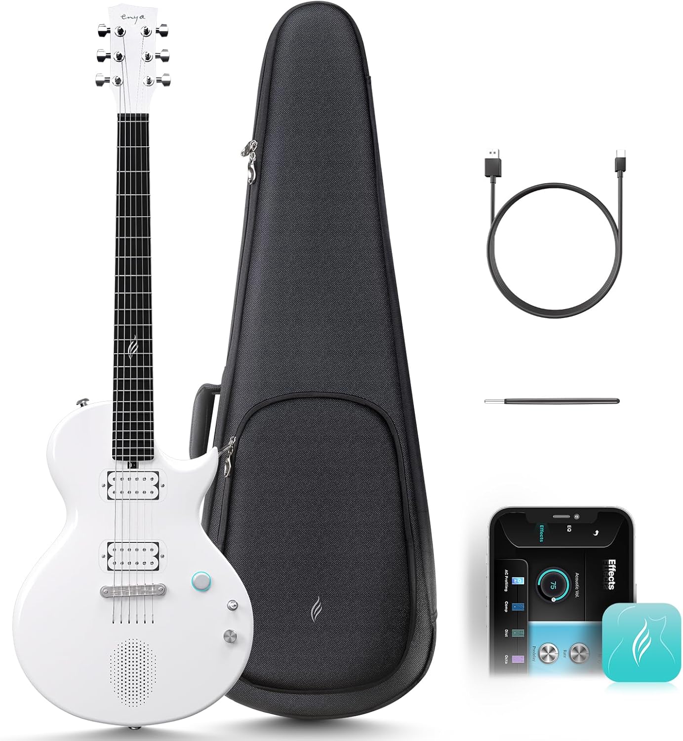 Guitare Électrique Nova Go Sonic - Guitarra Smart Blanche en Fibre de Carbone avec Haut-Parleur sans fil 10 W, Préréglages Intégrés, Câble de Chargement, Clé de Réglage et Sac de Transport
