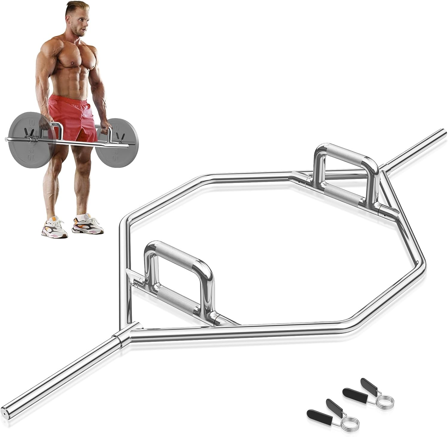 Barre de Piège Hexagonale Olympique d'Haltérophilie Charge 363KG, Barre de Levage avec Poignées Moletées Plates ou Surélevées, Entraînement de Squats Soulevés de Terre, Argent