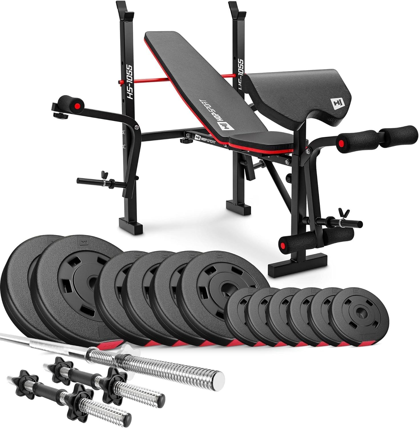 Hop-Sport Set d'haltères avec Banc de Musculation Pliable Multifonction, Pupitre de Curl, Papillon, Presse à jambes, Kit de disques de poids en plastique 31 mm et barres d'haltères de 38 kg à 129,5 kg