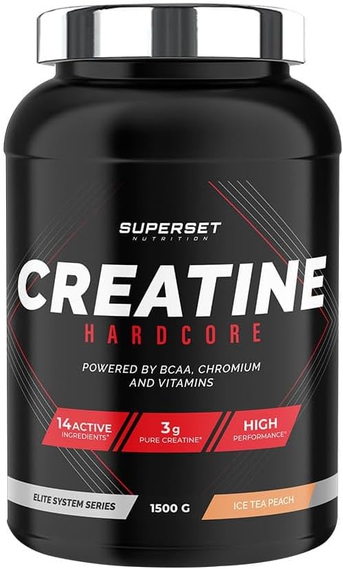 Creatine Hardcore (1,5kg) - Poudre soluble - 3g de créatine monohydrate par dose, BCAA, Glucides - Récupération optimale et puissance - Adaptée aux sports intenses - Ice Tea Pêche