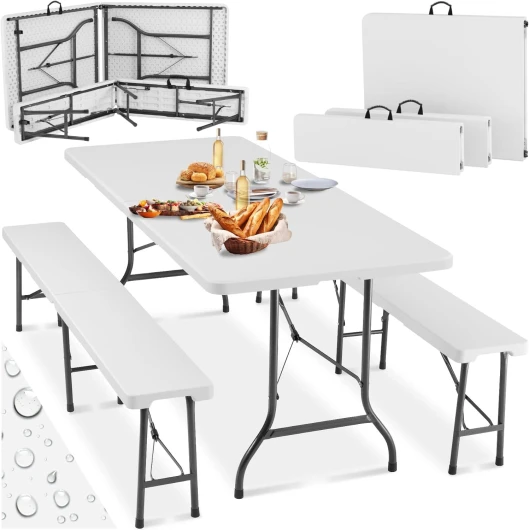 ® Ensemble de Table Pliante de Pique Nique Table de Camping Pliante et 2X Banc de Jardin en Acier Léger, Compacte Table Brocante Table a Manger Table à tapisser avec Poignée de Transport