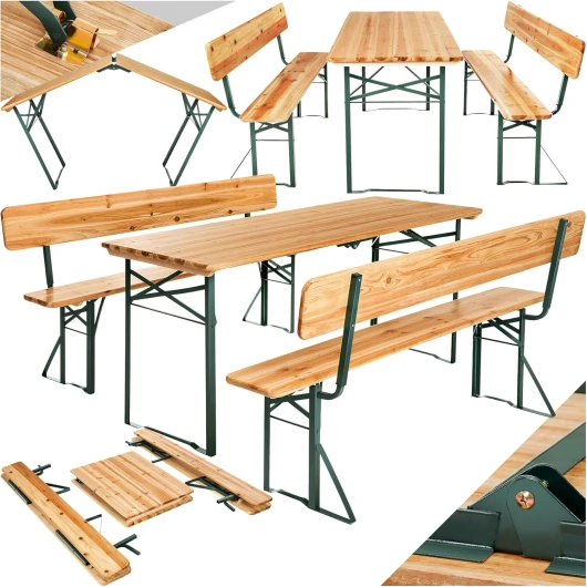 ® Ensemble de Table Pliante Exterieur et 2 Banc en Bois de Brasserie avec Dossier Salon de Jardin Pliable & Peu encombrant Mobilier de Jardin pour Pique Nique Barbecue Mariage Anniversaire