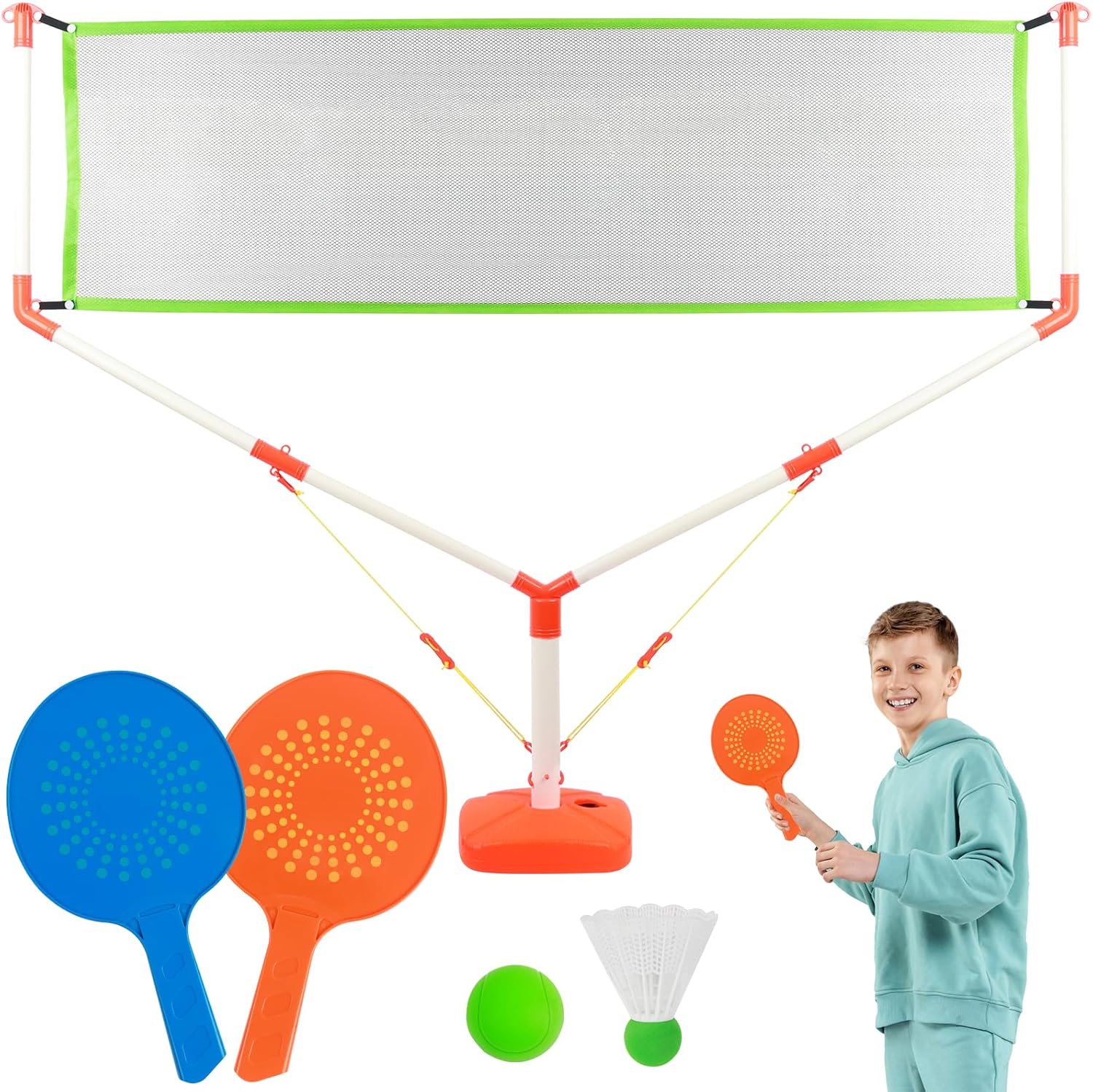 Set Badminton Enfant avec Filet - Raquettes Tennis Junior, Jeu Sportif avec 1 Volant + 1 Balle Souple, Équipement Intérieur/Extérieur pour Activités Sportives