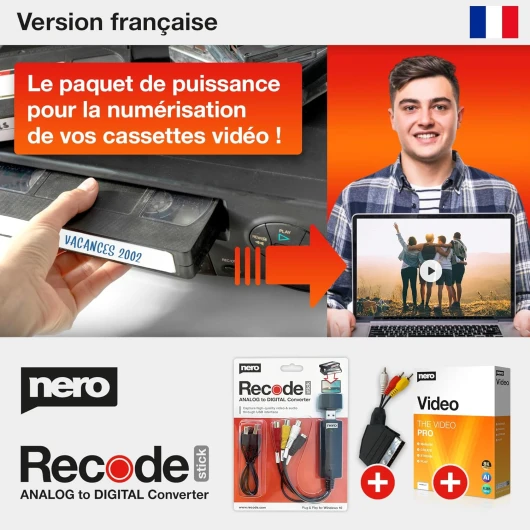 VHS vers USB Video Grabber Recode Stick incl - logiciel d'édition vidéo - montage vidéo - numériser des cassettes vidéo - Windows 11 / 10 / 8 / 7