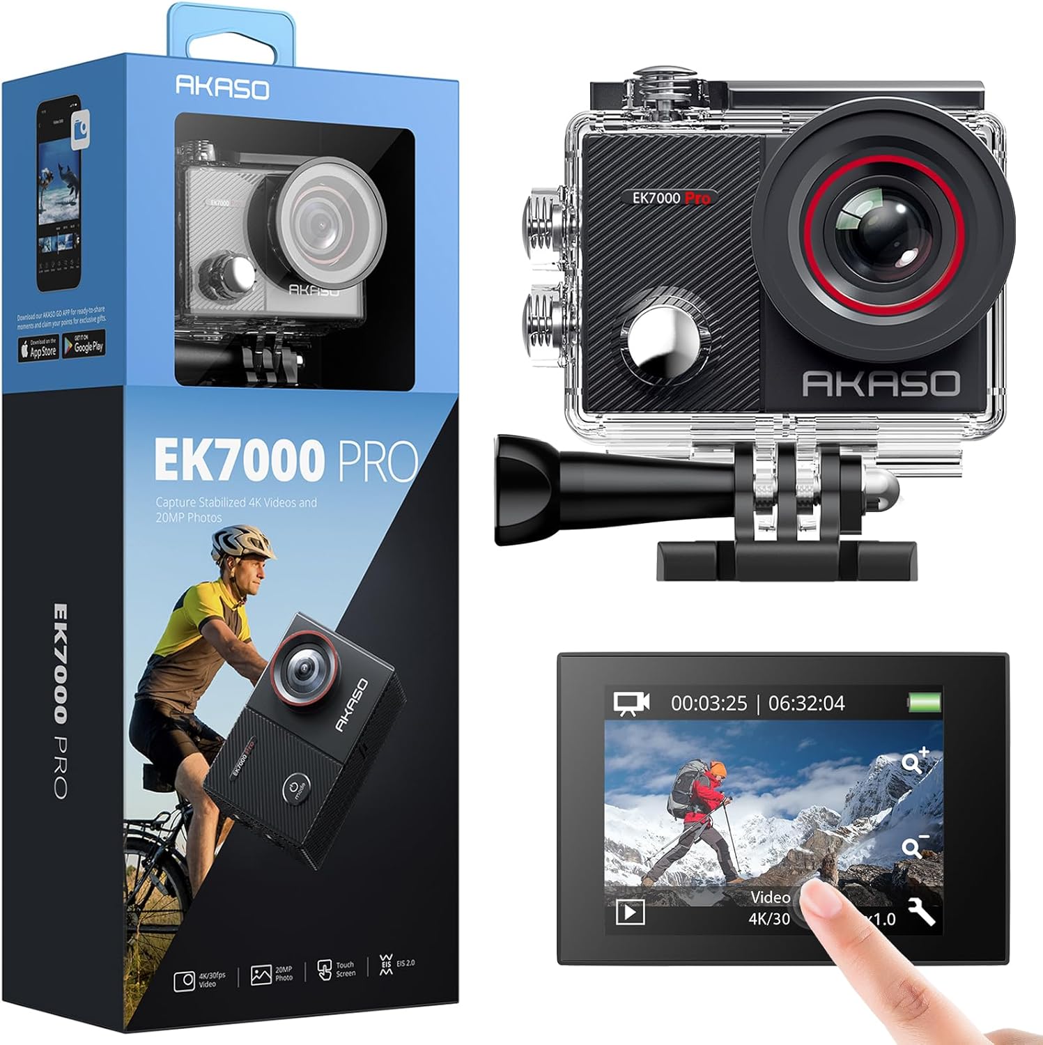 Caméra Sport 4K 30fps 20MP WiFi Caméra d'action avec Ecran LCD Tactile Ultra HD Stabilisateur, Télécommande 2.4 G, 170° Angle Réglable, Caméra étanche 40M et 2 Batteries - EK7000 Pro