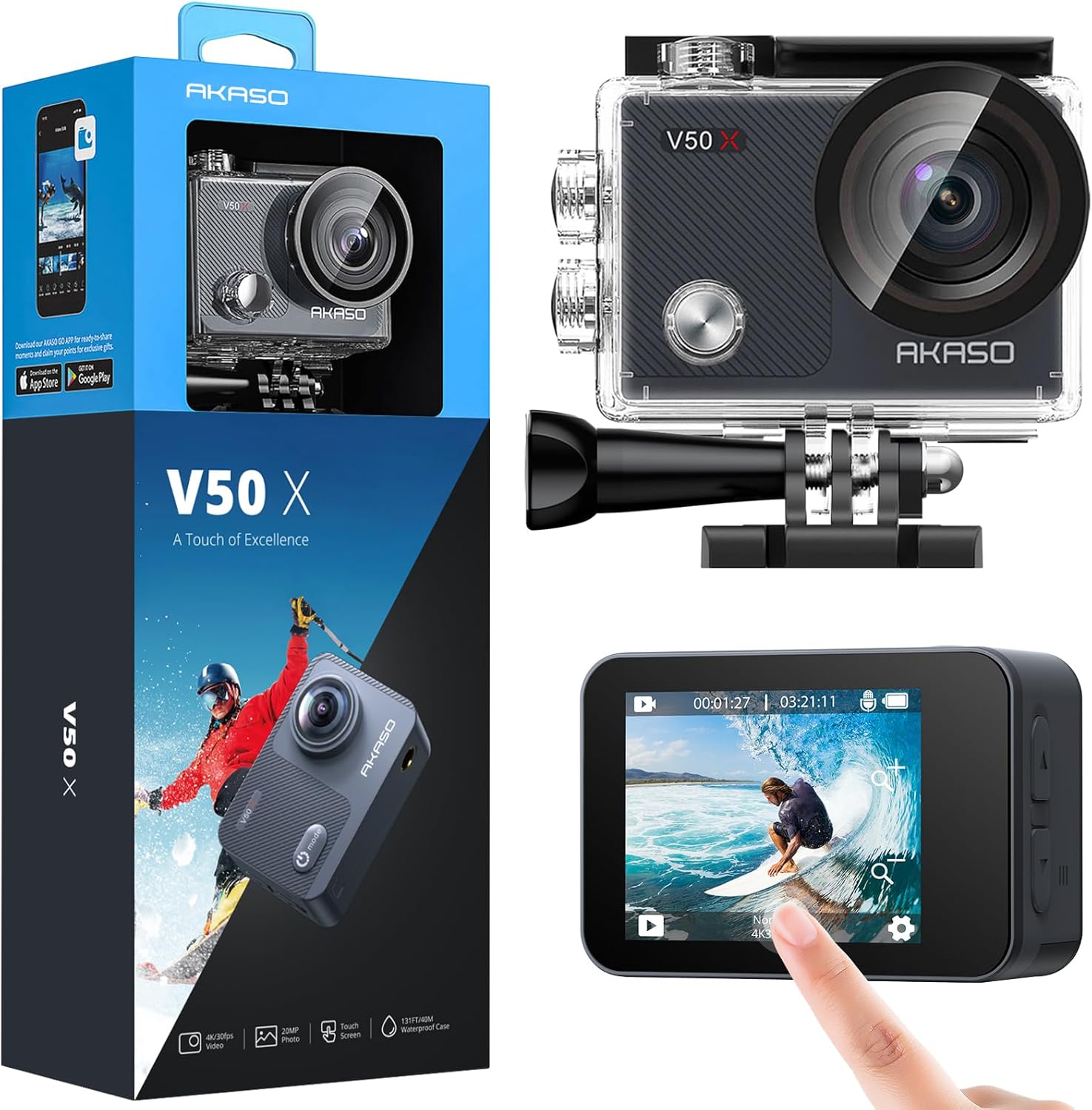 Caméra Sport 4K Etanche WiFi Action Caméra Sportive Ultra Full HD Stabilisateur avec Télécommande Écran Tactile 30fps Angle Réglable 131 Pieds sous Marine 2 Batteries Kit d'Accessoires – V50X