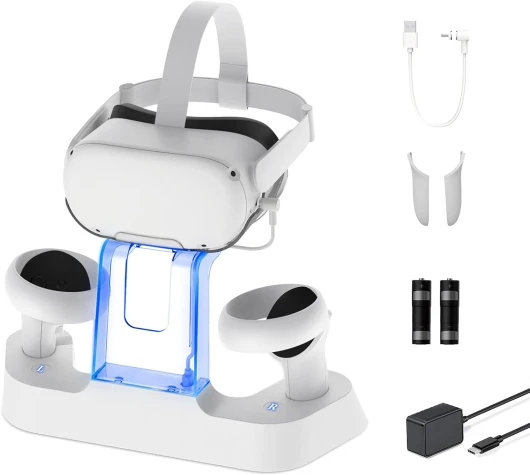 Station de Recharge Avancée avec LED pour Oculus Quest 2, Support d'Affichage pour Casque Support de Contrôleur, 2 Piles Rechargeables, Câble Magnétique