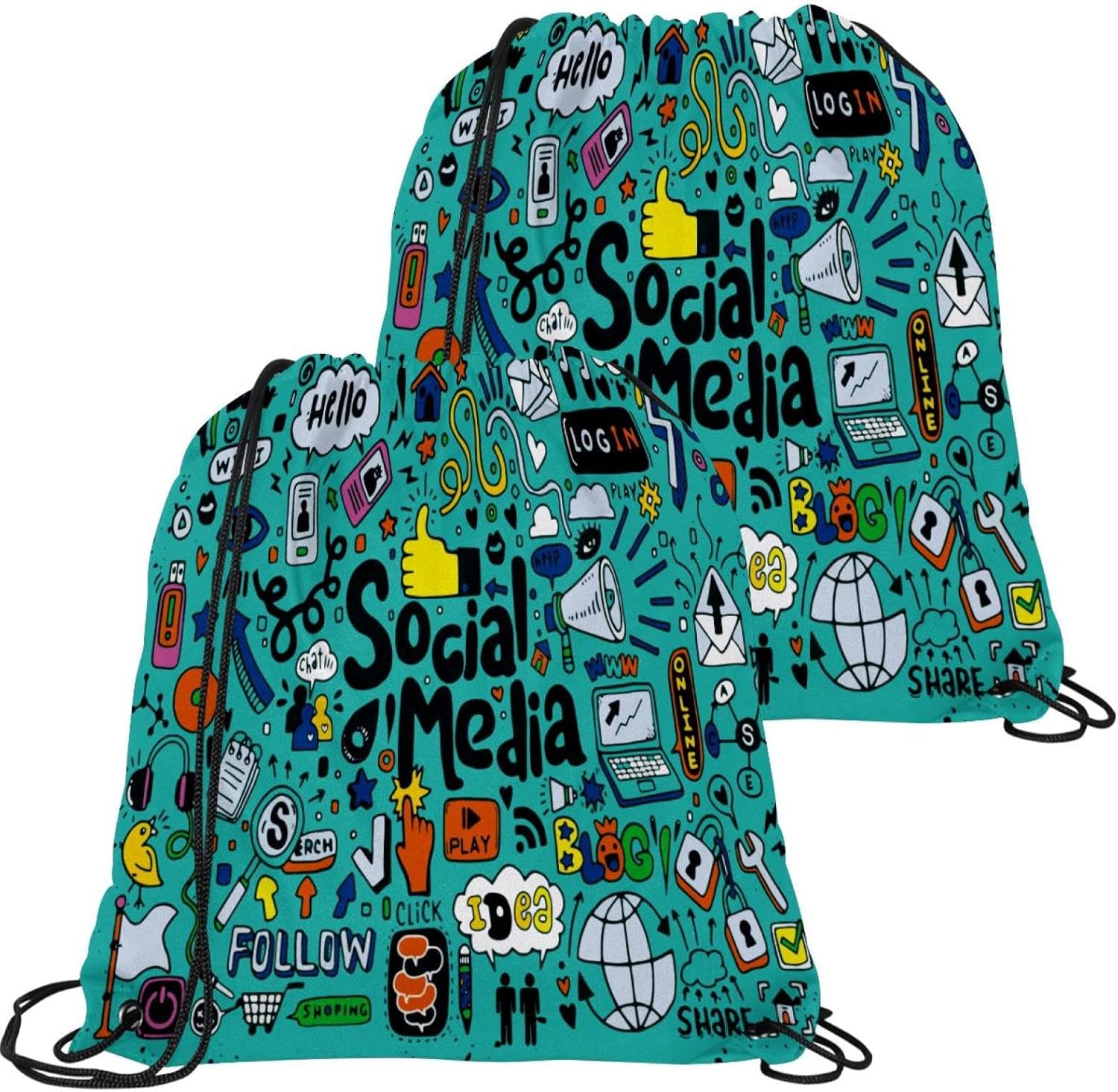 VAPOKF Lot de 2 grands sacs à cordon de serrage en polyéthylène pour l'école, la gym, le sport, les voyages, les médias sociaux, multicolore, 21.2x17.3in/54x44cm