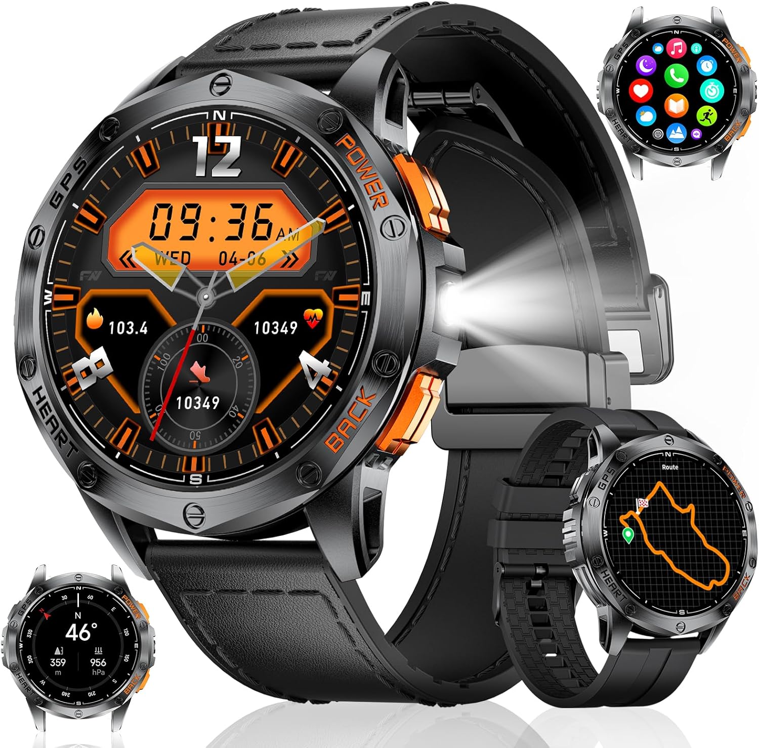 Montre Connectée Homme GPS-LED Lampe/530mAh Batterie, 1,43'' AMOLED Montre Connectée Militaire avec Baromètre, Boussole, Fréquence Cardiaque, SpO2, Sommeil, 10ATM Étanche pour Android iOS, Noir