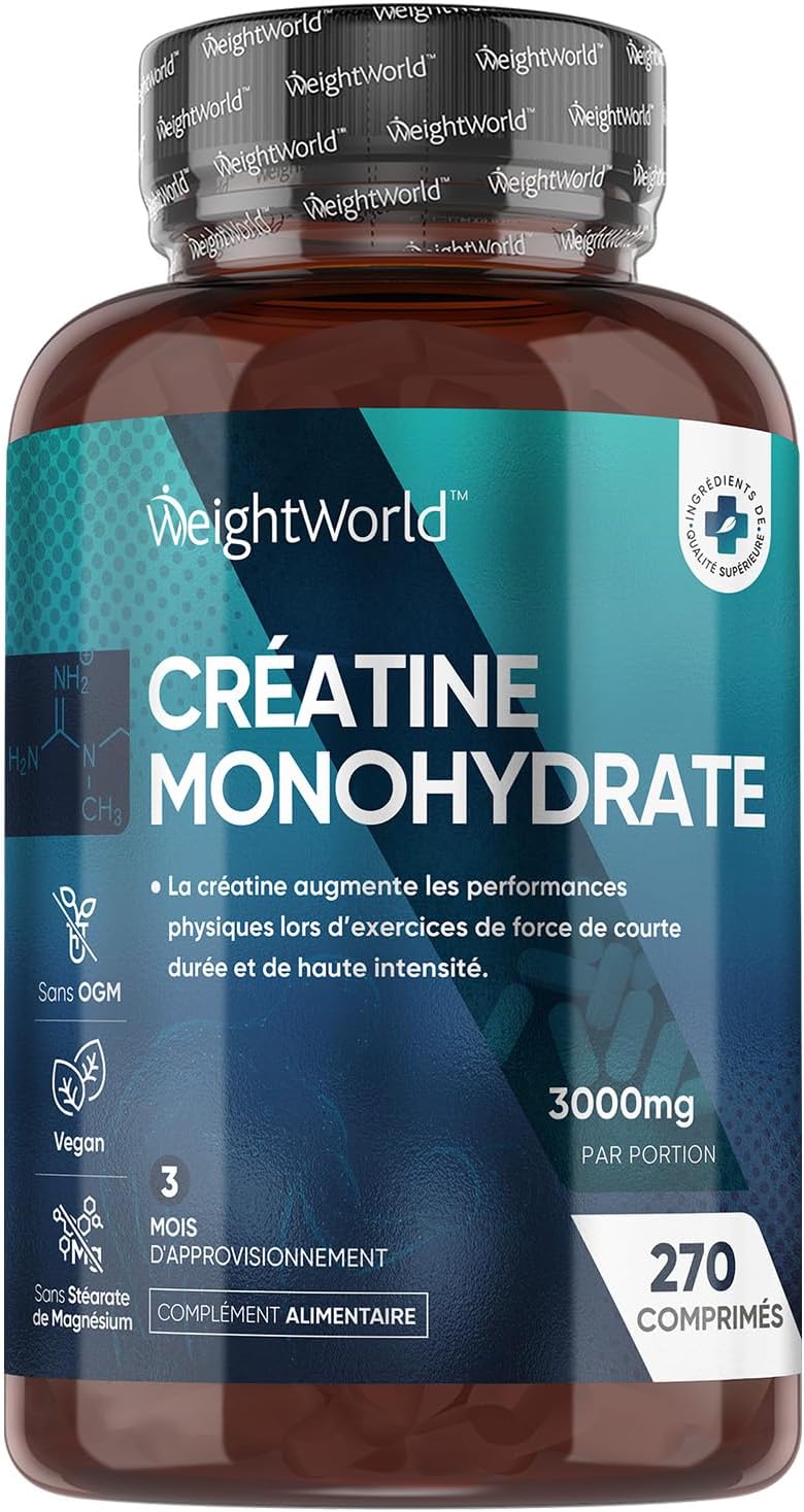 Créatine Monohydrate 270 comprimés Vegan, 3 Mois d'approvisionnement, 3000mg par Portion Alternative aux Creatine Gelules et Poudres, Sans OGM et Sans Stéarate de Magnésium, Fabriquée par Weightworld