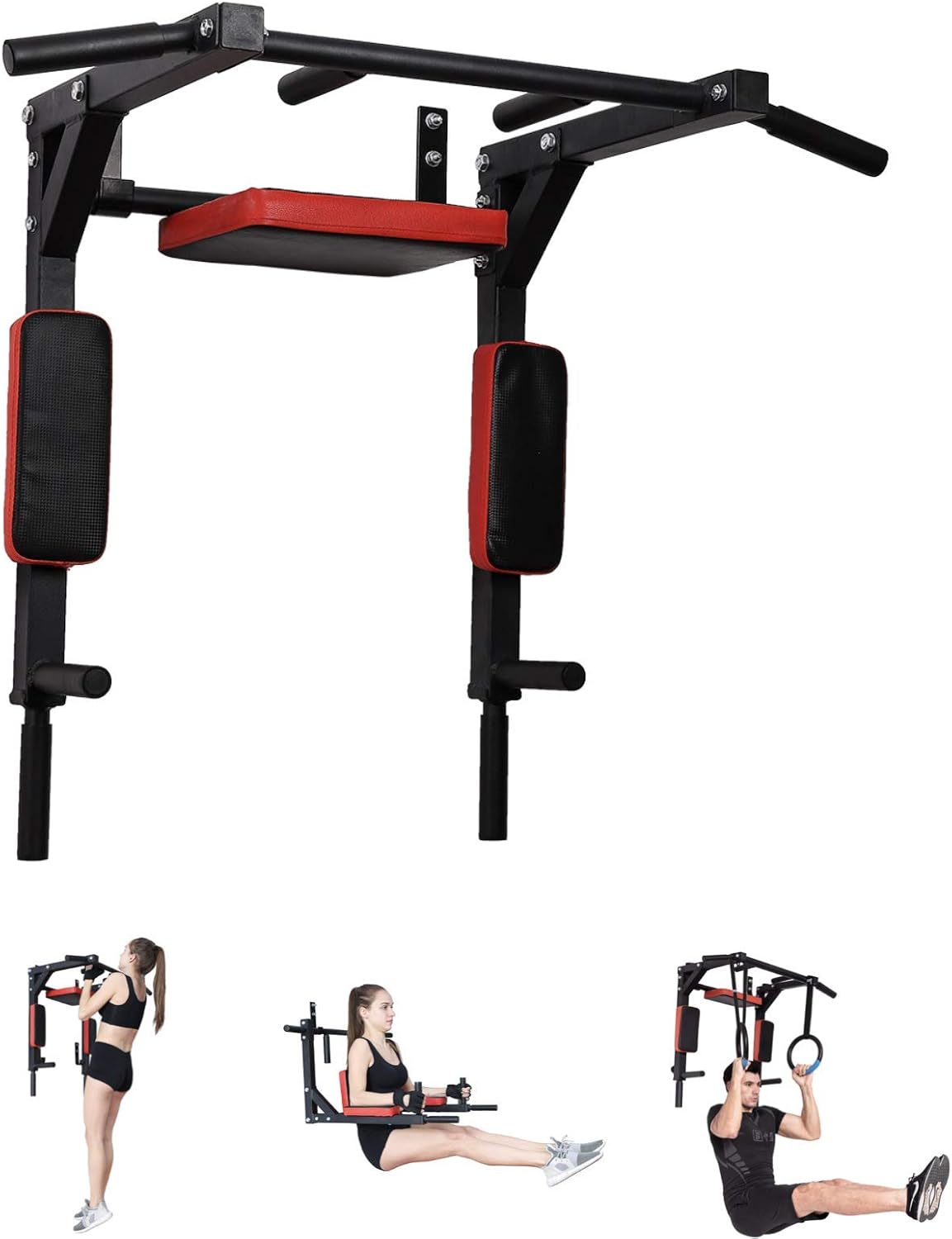 Pull Up Fitness - Barre de Traction Fixation Murale, Noir/Rouge