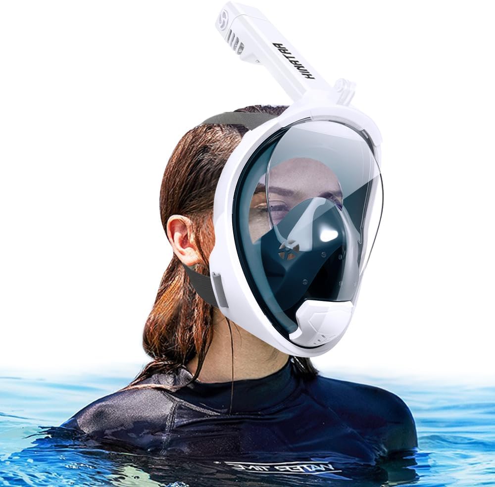 Masque de plongée Intégral avec Tuba, 180° Double Flottante Masque Tuba Adulte Snorkeling Anti-buée Anti-Fuite, Lunettes plongée apnée avec Caméra Support Adulte Enfant Blanc L-XL