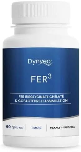 Complexe Fer Vitamine C - Système Immunitaire, Fatigue - Fer Bisglycinate, Lactoferrine, Vitamine C - Forme naturelle - Haute Assimilation & Biodisponible - 60 Gélules Végétales (1 à 2 mois) - Dynveo