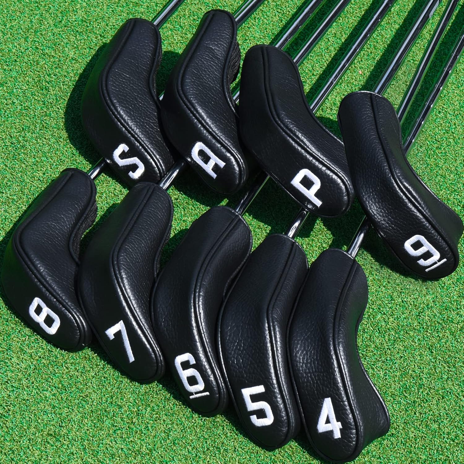 Lot de 9 couvre-clubs hybrides en fer pour droitiers et gauchers (4-9, P, A, S) - Long cou - Noir - Pour lanceur Cleveland, rail en T Cobra, Wilson Lauch Pad