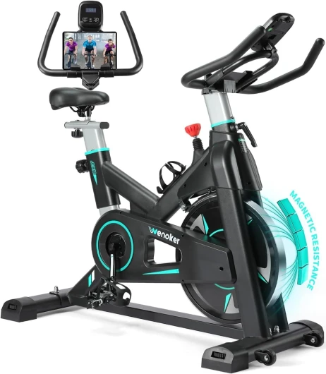 Vélo d'appartement avec résistance magnétique et plaquettes de frein, vélo d'intérieur pour la maison avec entraînement par courroie silencieuse, volant d'inertie lourd, coussin de siège BlackBleu