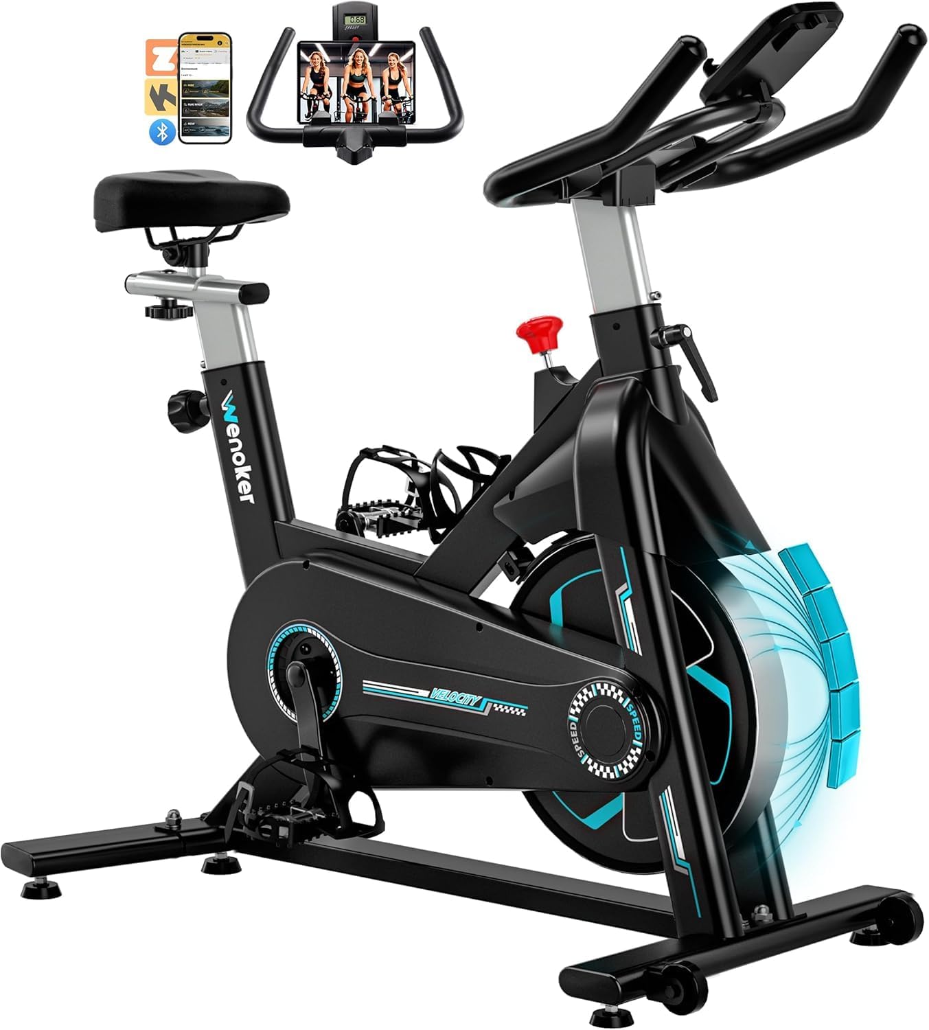 [2025 Mise à Jour]Wenoker Velo d'appartement pour la Maison,Silencieux Vélo de Fitness d'Intérieur avec Résistance Réglable,velo d appartement avec APP,Écran LCD,Siège Confortable,charge jusqu'à 160kg Bleu-Résistance magnétique Bluetooth