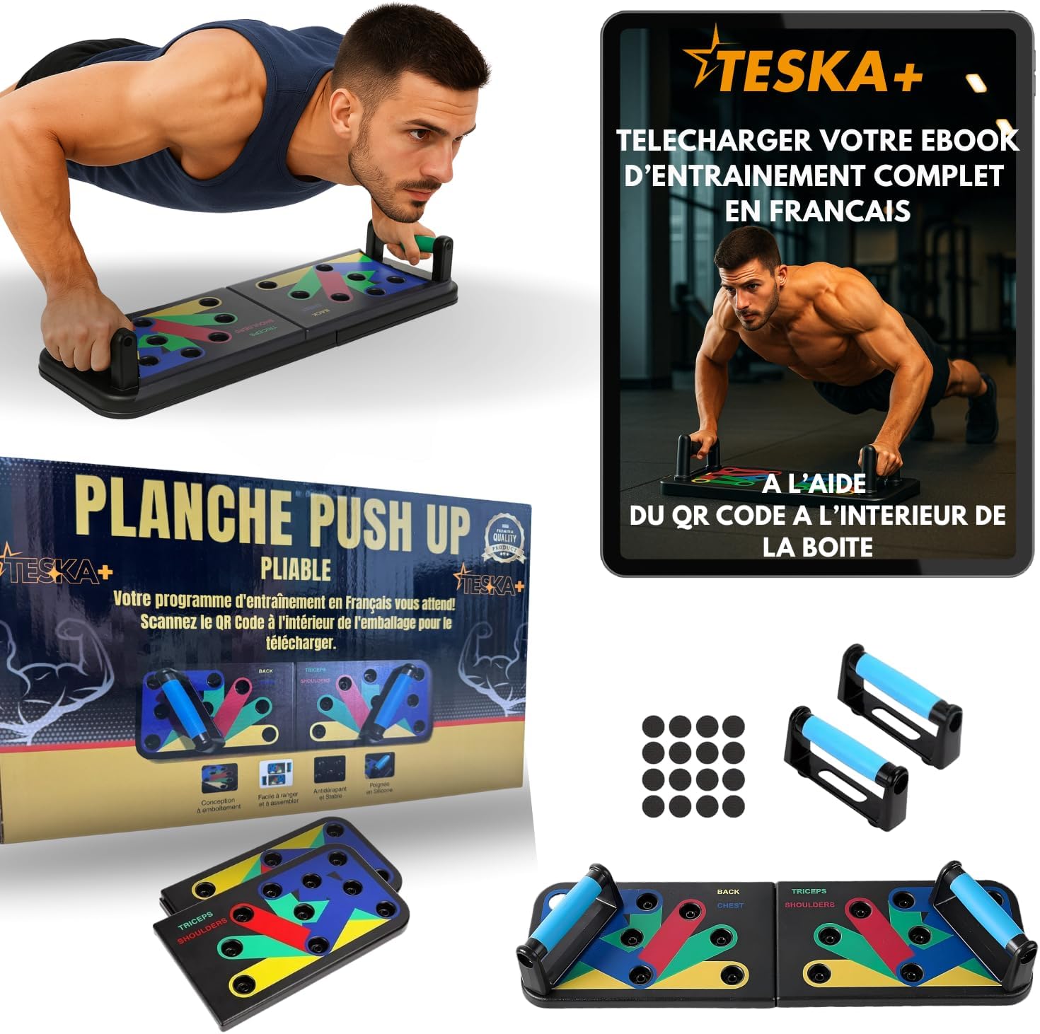 + Planche à Pompe Musculation – Push Up Board 22 en 1 - Planche Pompe Maison + Poignées - QR Code Programme Français Offert - Accessoire Musculation Homme & Femme - Cadeau Sport Maison