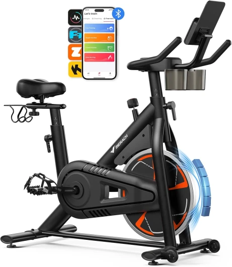 Vélo d’Appartement avec Résistance Magnétique, Vélo d’Intérieur Silencieux avec Selle à Coussin d’Air Amortissant, Écran LCD, Application Dédiée, Cadre en H Stable, Charge jusqu’à 150KG Noir