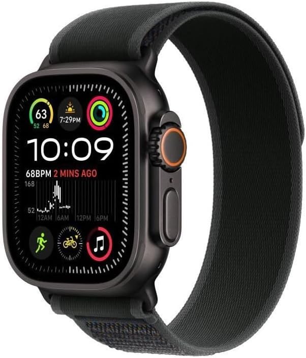 Watch Ultra 2 (49 mm GPS + Cellular) Montre de Sport connectée avec Boîtier en Titane Noir et Boucle Trail Noir (S/M) - Suivi de l’activité, GPS Haute précision, Neutre en Carbone Noir S/M - Poignet de 130 à 180 mm Boucle Trail Boîtier en titane noir