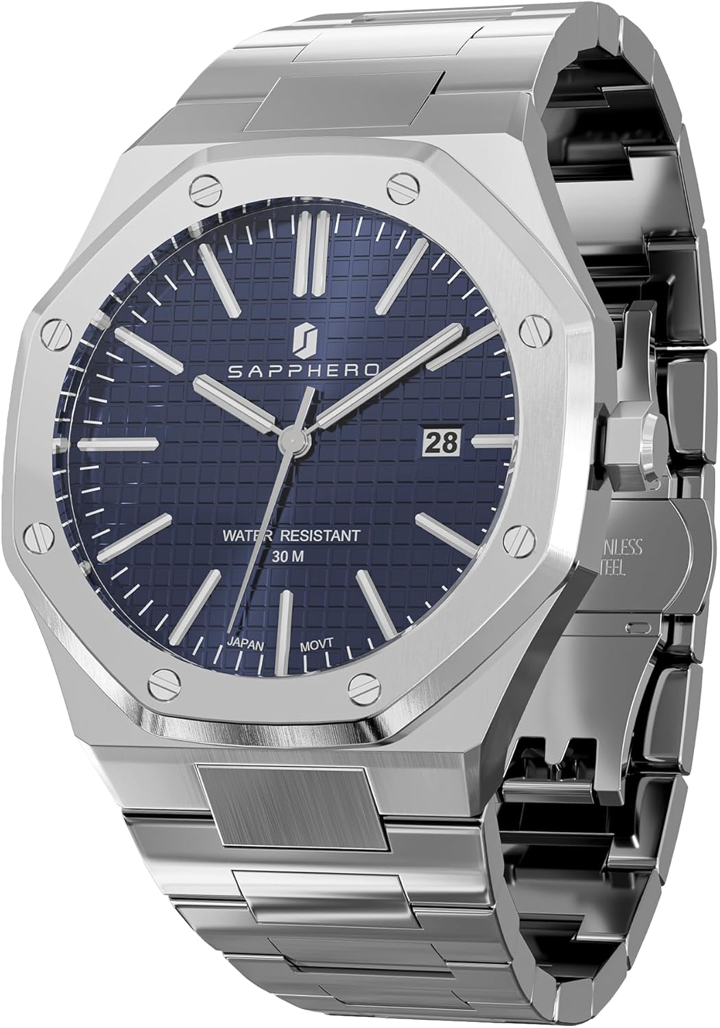 Montre Homme Quartz Argent Acier Inoxydable Bracelet 30M Etanche Date Calendrier Noir Bleu Montre Cadeaux pour Hommes Argent/Bleu Cadrans