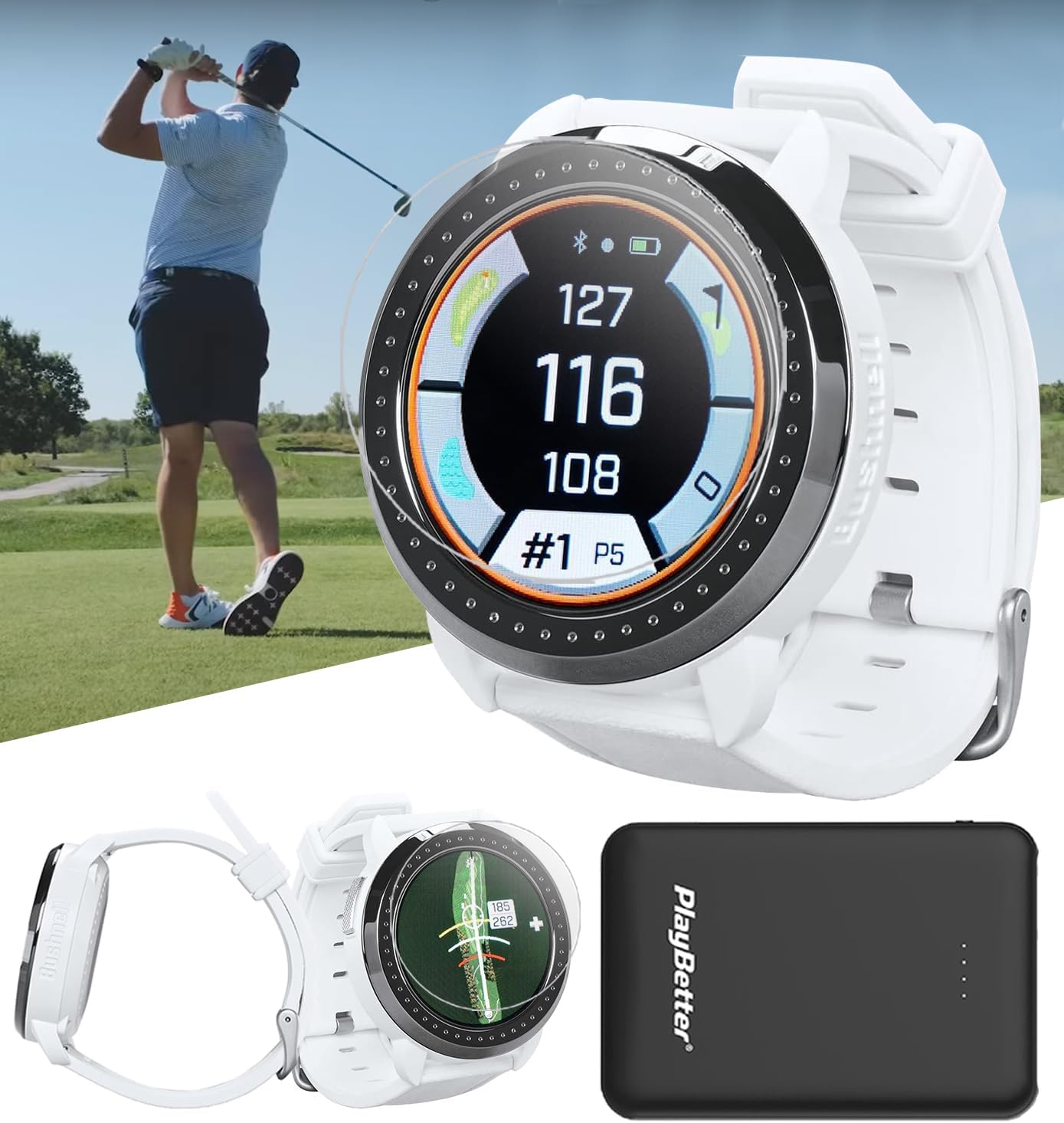 Bushnell iON Elite Montre GPS de golf – Montre intelligente à écran tactile couleur avec plus de 12 heures d'autonomie, 38 K de parcours et distances de pente – Ensemble avec protecteurs d'écran iON blanc