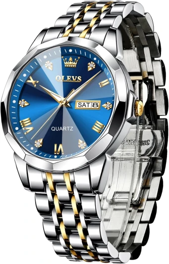 OLEVS Montres pour Hommes Diamond Business Wear analogique Quartz Acier Inoxydable étanche Lumineux Date Bicolore Luxe Casual Watch Doré/Blue