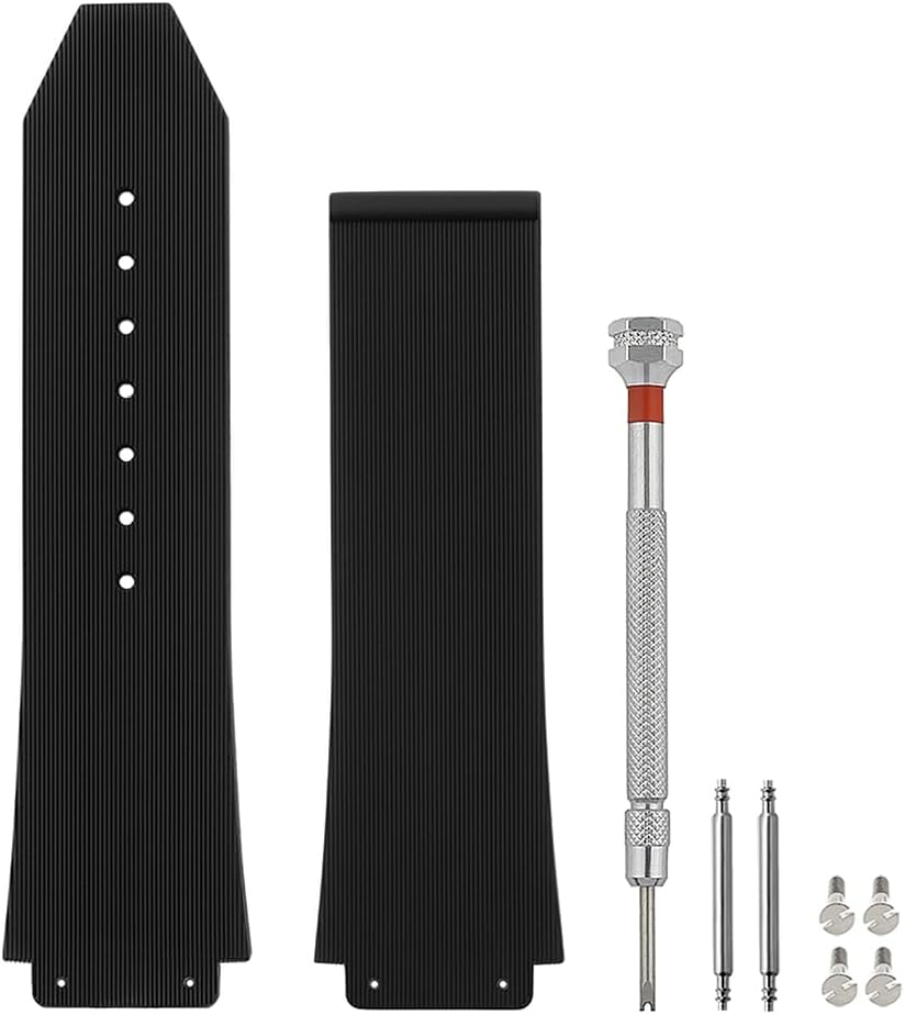 SANDEIN Bracelet de montre de 25 mm compatible avec Hublot Big Bang - Bracelet de rechange en caoutchouc de silicone souple pour montre Hublot Big Bang - Noir (25 mm, rayures noires)