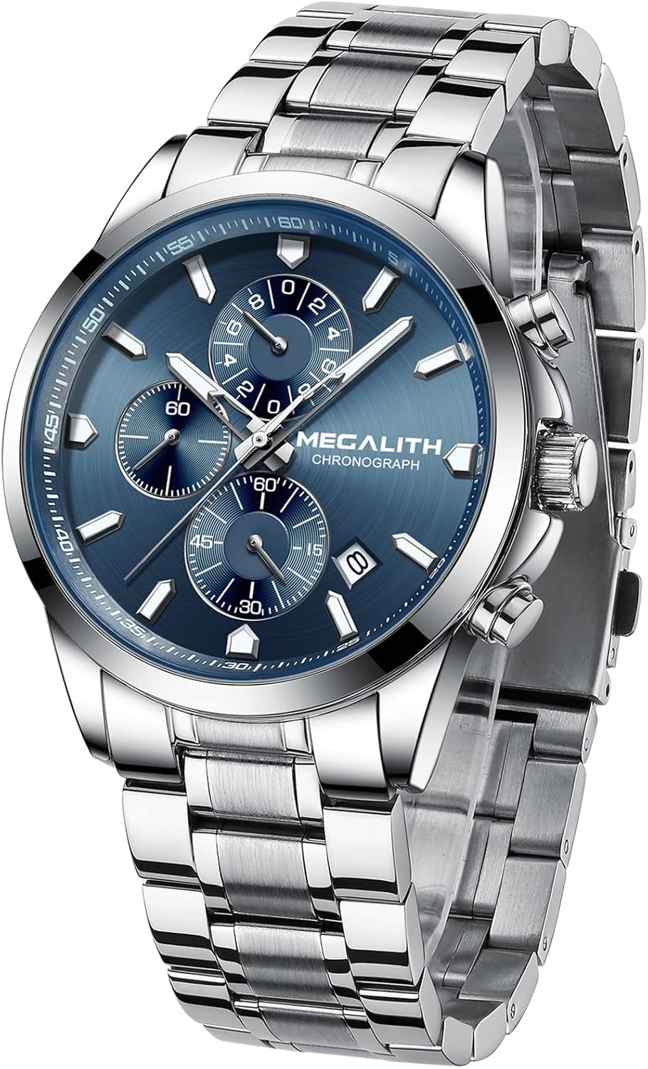 Montre Homme Argent Acier Etanche Montres Chronographe Analogique Quartz Montre Bracelet Homme Mode Lumineux Calendrier Bleu Argent