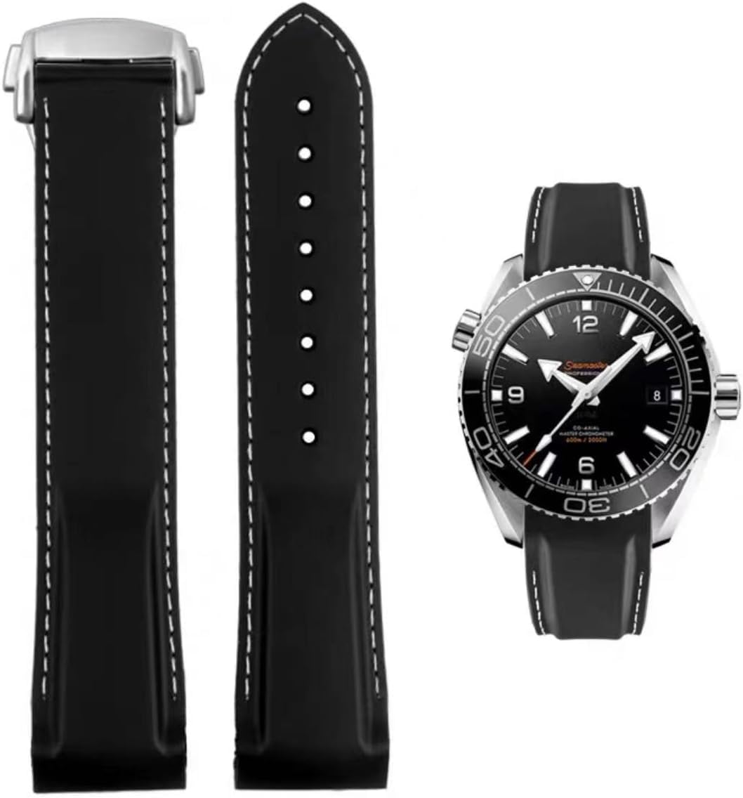 FOUUA Bracelet de Montre pour Omega Bracelet Seamaster PLANET OCEAN Silicone en Caoutchouc 20mm 22mm Boucle Déployante en Silicone de Convient pour Omega Seamaster SpeedMaster De Ville, Noir/blanc,