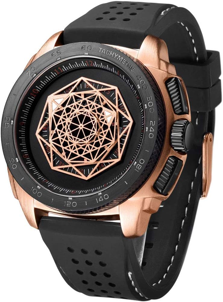 RUIMAS Big Bang Montre Homme Quartz Or Rose avec Bracelet en Silicone Noir - Cadran Grand - Waterproof