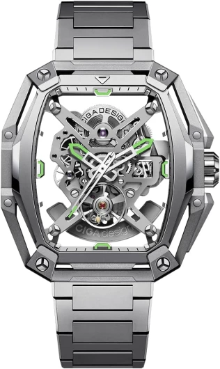 Hunter Montre Automatique Squelette Intégral Boîtier Tonneau Structurel Argent Bracelet Acier Maillon H Effilé Index et Aiguilles Lumineux Verre Saphir Étanche 3 ATM